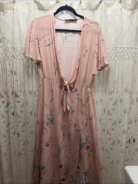 Zara Blush Pink Floral Tie-Front Maxi Dress Midsommar whimsical garden party